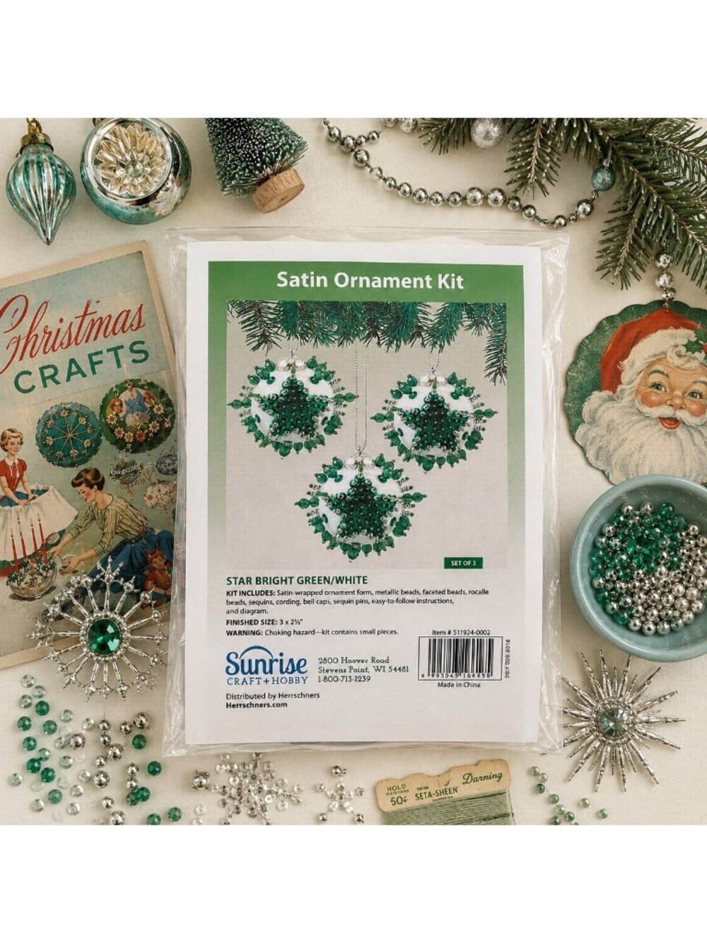 Vintage Sunrise Satin Sequin Push Pin Ornament Craft Kit Star Bright Green White